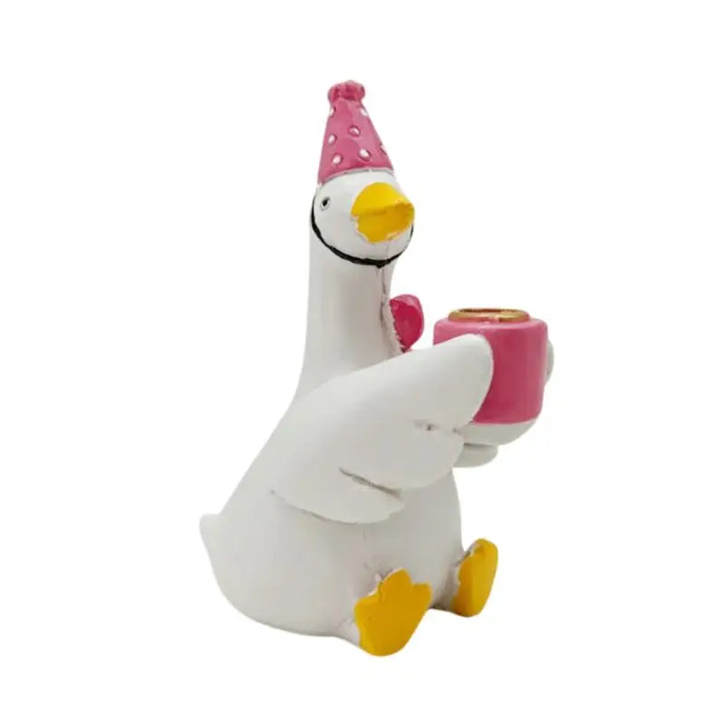 Goose Candle Holder Figurine Pink Party Hat – Birthday Decor Candle Holder Figurine Nixie