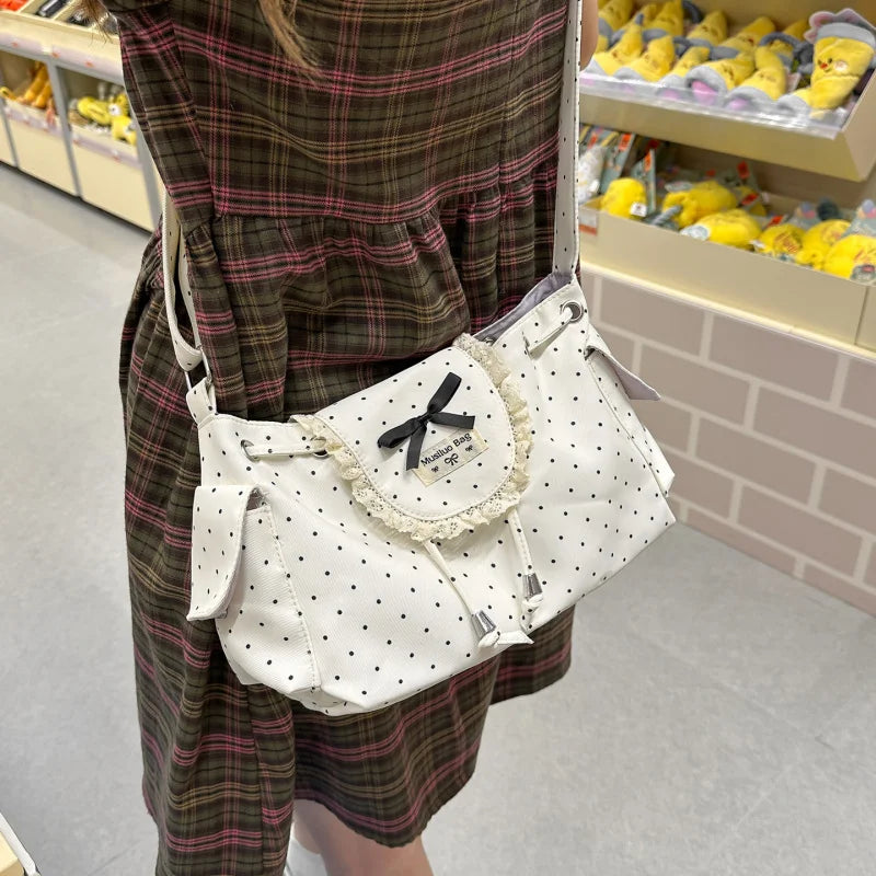 Korean Lace Polka Dot Crossbody Bag – Cute Bowknot Shoulder Bag