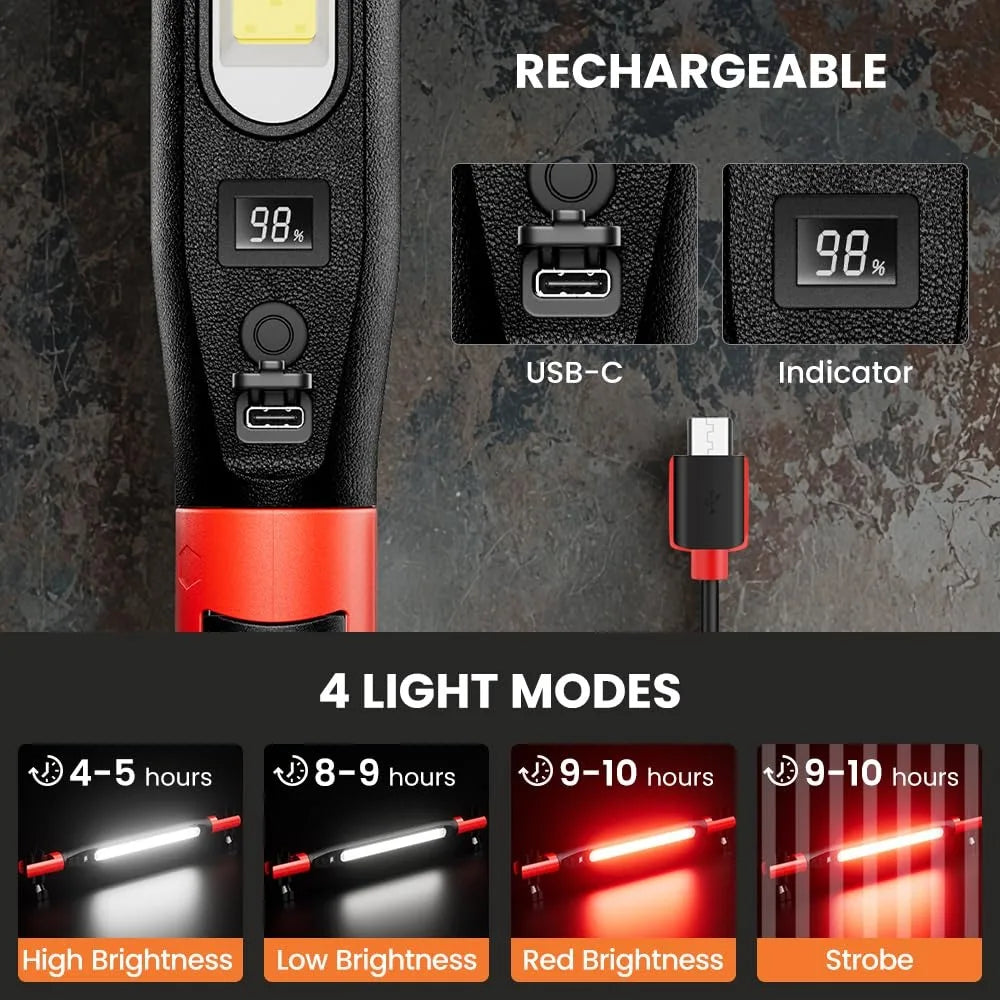 Magnetic LED Work Light Bar – IP65 Rechargeable, Digital Display