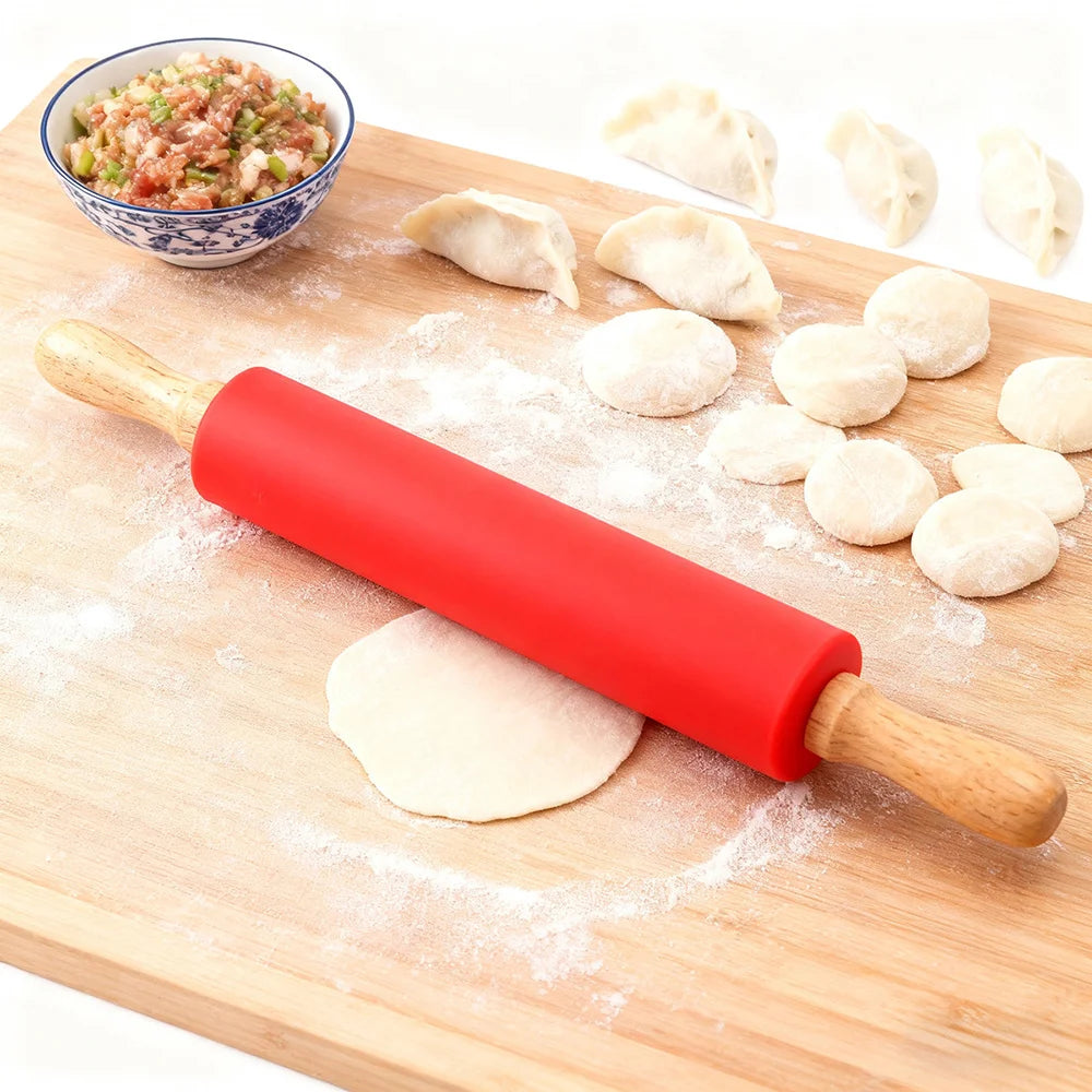 Silicone Rolling Pin Wooden Handle – Non-Stick Baking Tool Silicone Rolling Pin Nixie
