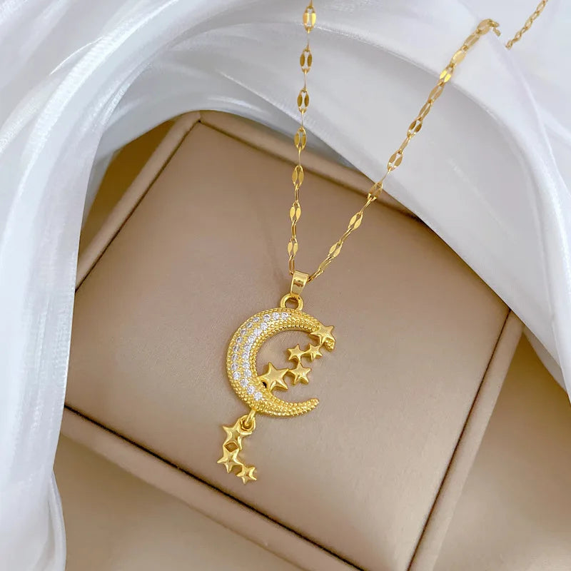 Star Moon Pendant Necklace | Gold Stainless Steel Choker