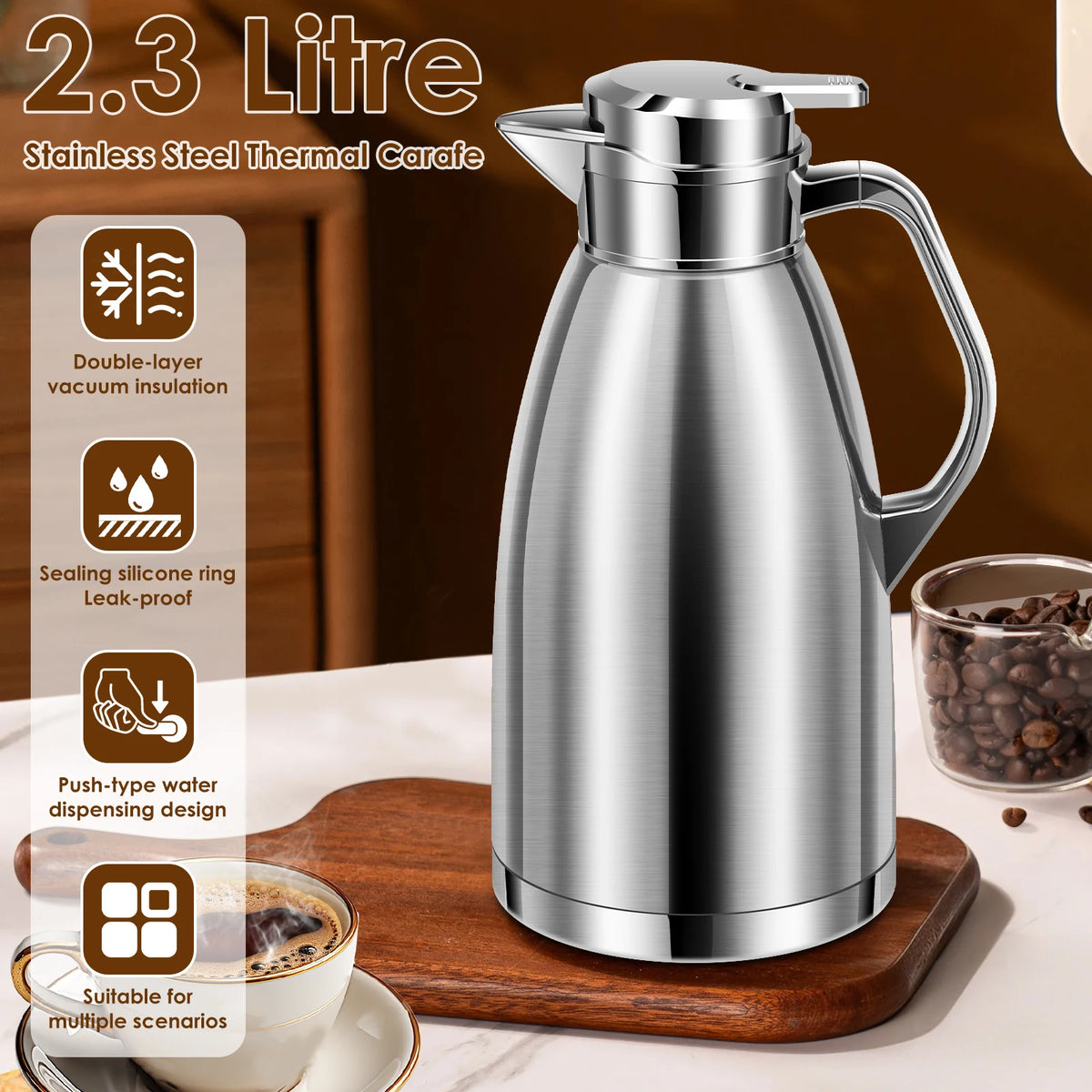 2.3L Vacuum Insulated Thermal Carafe – Stainless Steel Coffee Jug Thermal Carafe Nixie