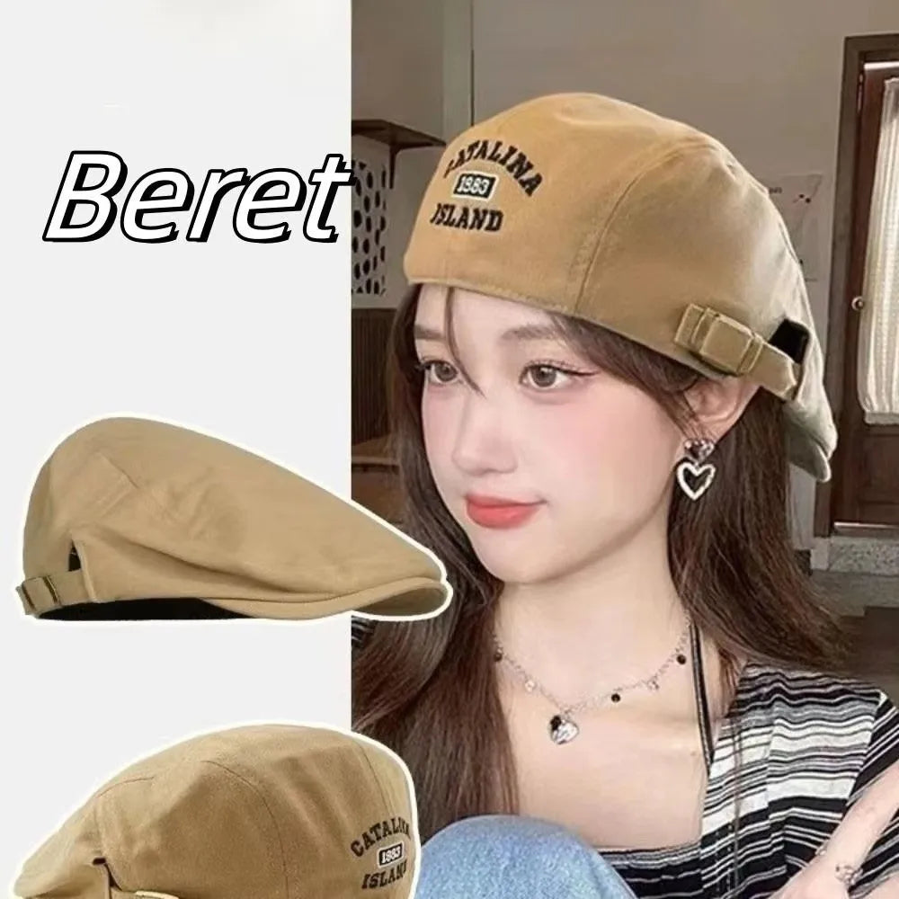 Vintage Y2K Beret Newsboy Cap – Cotton Embroidery Flat Cap