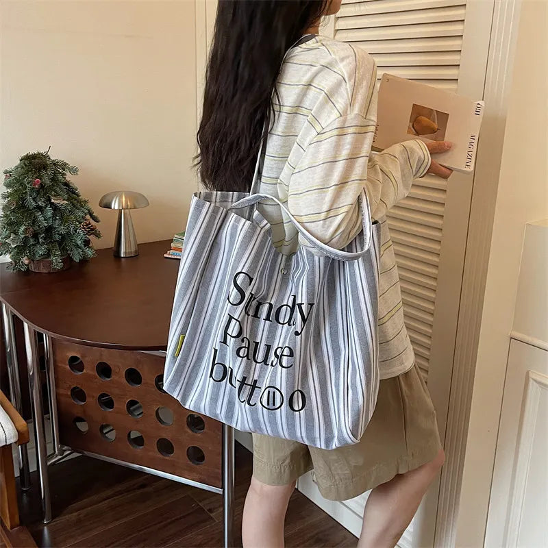 Women's Large Canvas Tote Bag – Striped Shoulder & Work Bag Canvas Tote Bag Nixie