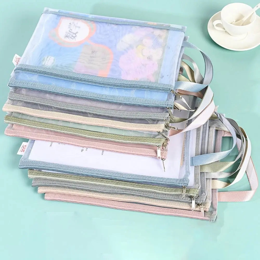 A4/A5 Double-Layer Zipper Mesh Storage Pouch with Handle