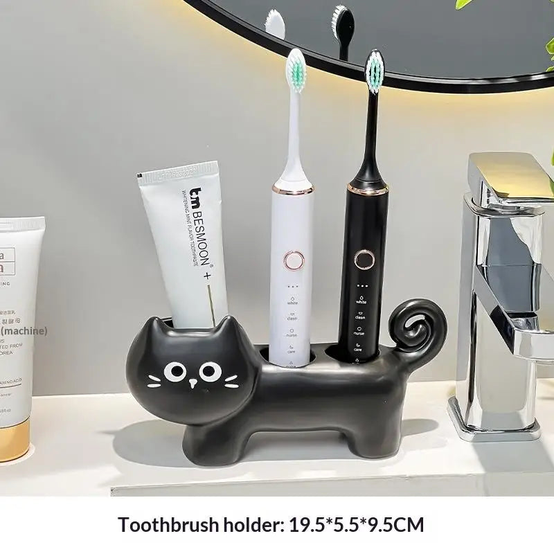 Black Cat Ceramic Toothbrush Holder – 3-Slot Bathroom Organizer Toothbrush Holder Nixie B