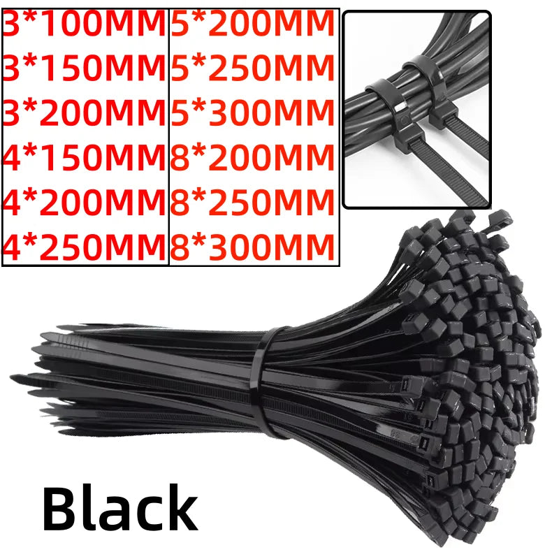 100PCS Self-Locking Nylon Cable Ties Black Zip Straps Nylon Cable Ties Nixie