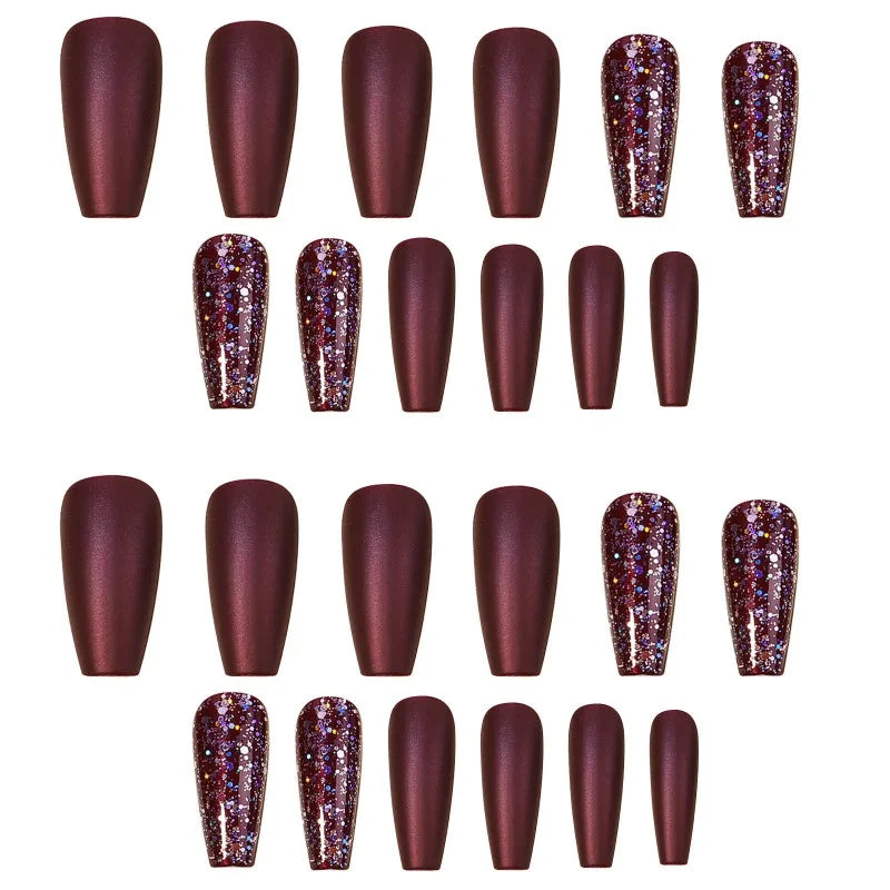 Wine Red Glitter Press-On Nails Crystal Finish L Size – 24 Pcs Press-On Nail Tips Nixie 24PCS Brown