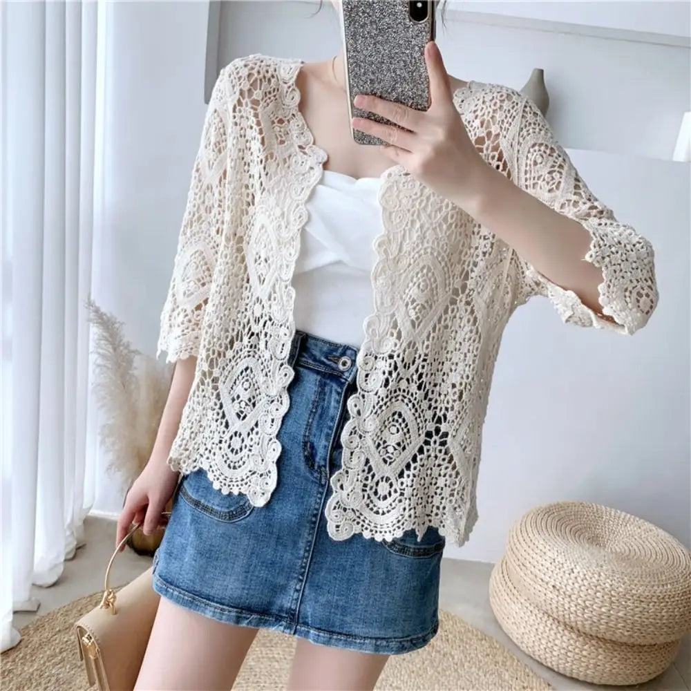 Women's Hollow Crochet Knit Shrug – Boho Open Front Cardigan Knit Cardigan Shrug Nixie