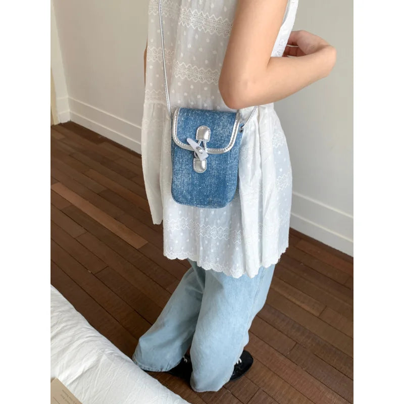 Diamond-Embellished Mini Denim Crossbody Bag | Phone & Coin Purse Mini Crossbody Bag Nixie