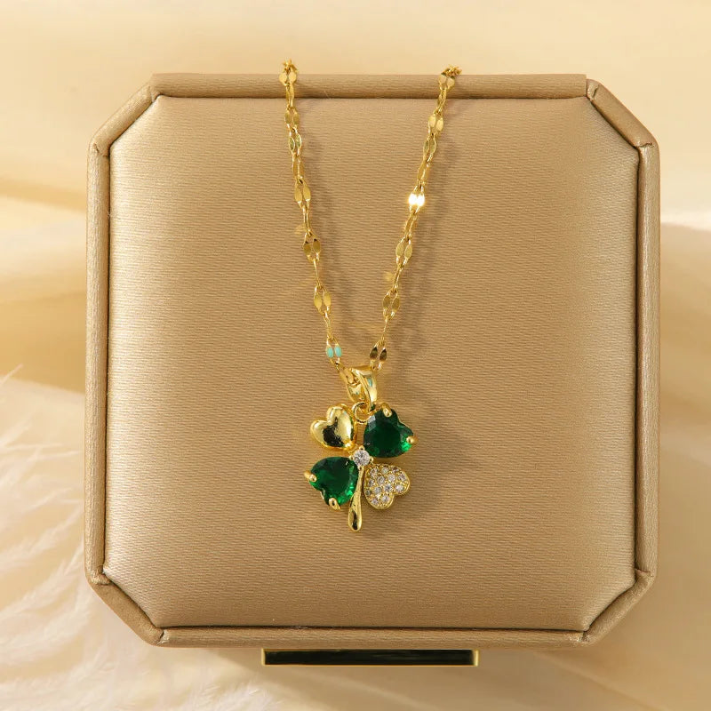 Green Gemstone Heart Petal Copper Pendant Necklace | Women Pendant Necklace Nixie