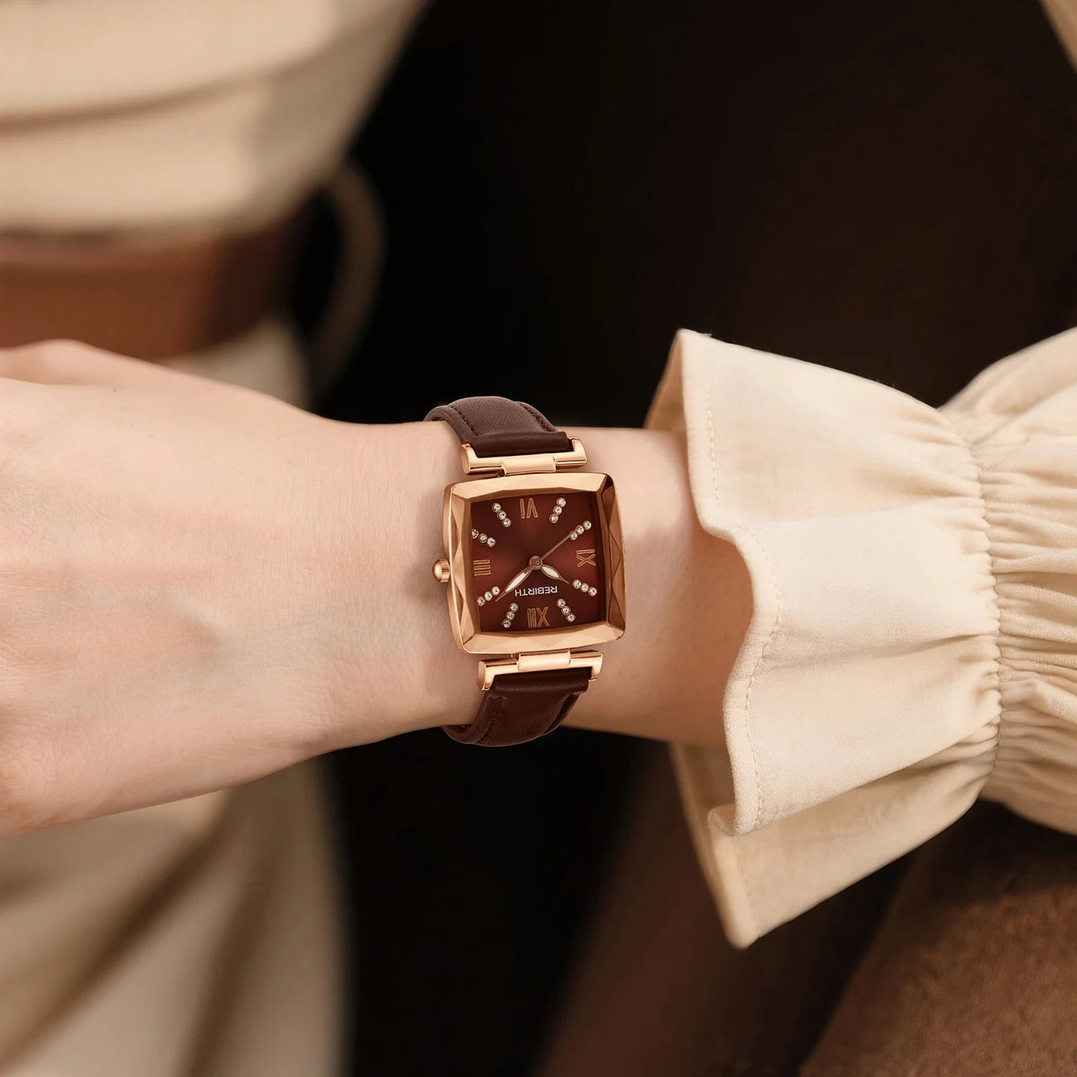 REBIRTH Square Women's Rhinestone Quartz Watch | Leather Band Women's Fashion Watch Nixie