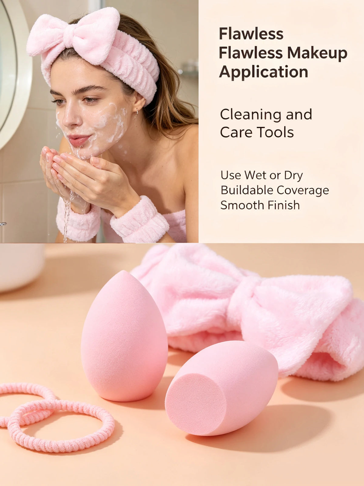 5-Piece Beauty Kit – Bow Headband, Wrist Bands & Sponges Makeup Tool Set Nixie