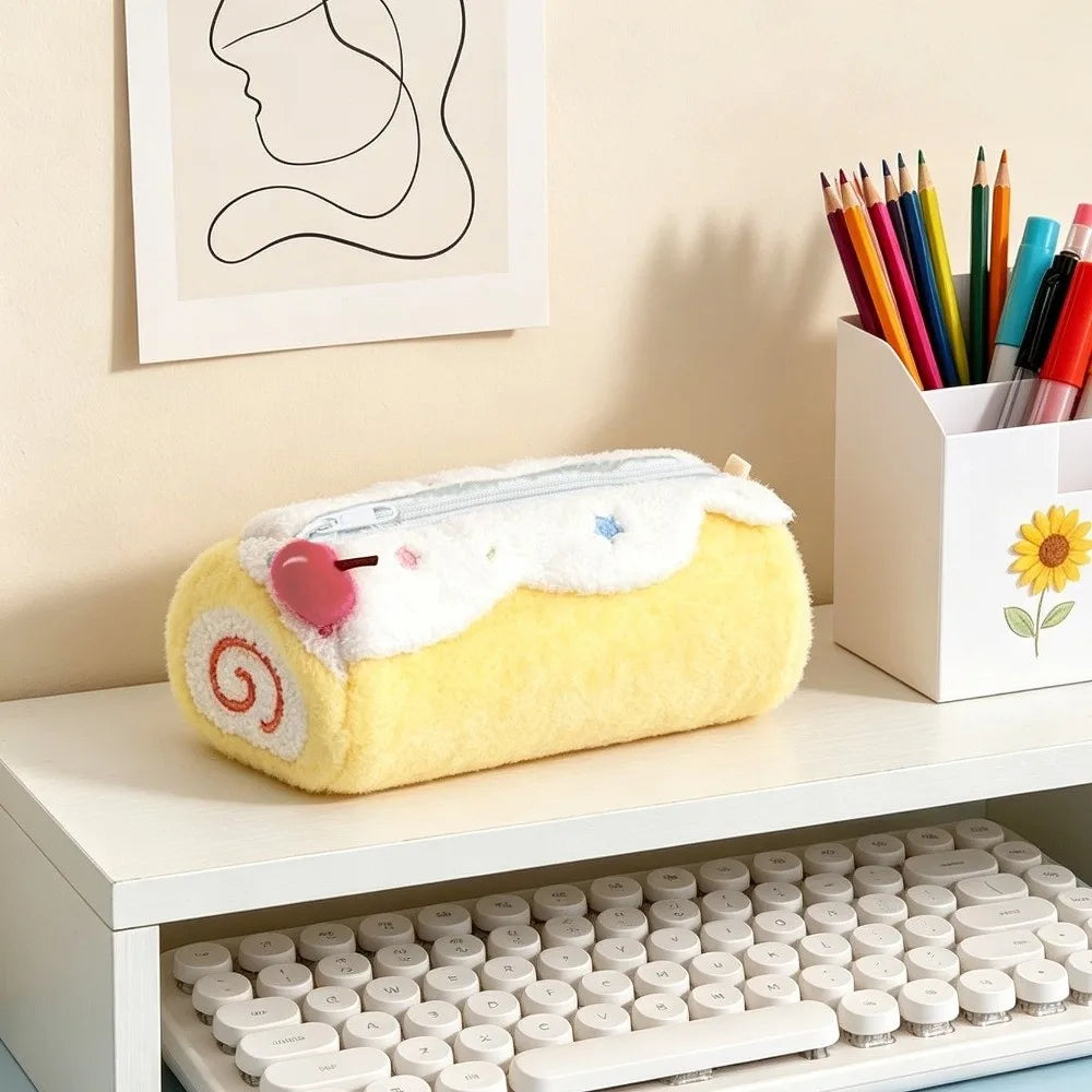 Kawaii Swiss Roll Plush Pencil Case – Star Embroidery Bag