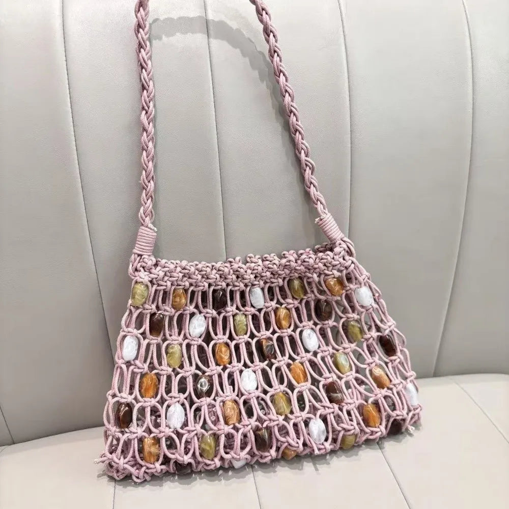 Bohemian Beaded Woven Tote Bag – Colorful Crochet Shoulder Bag Woven Tote Bag Nixie
