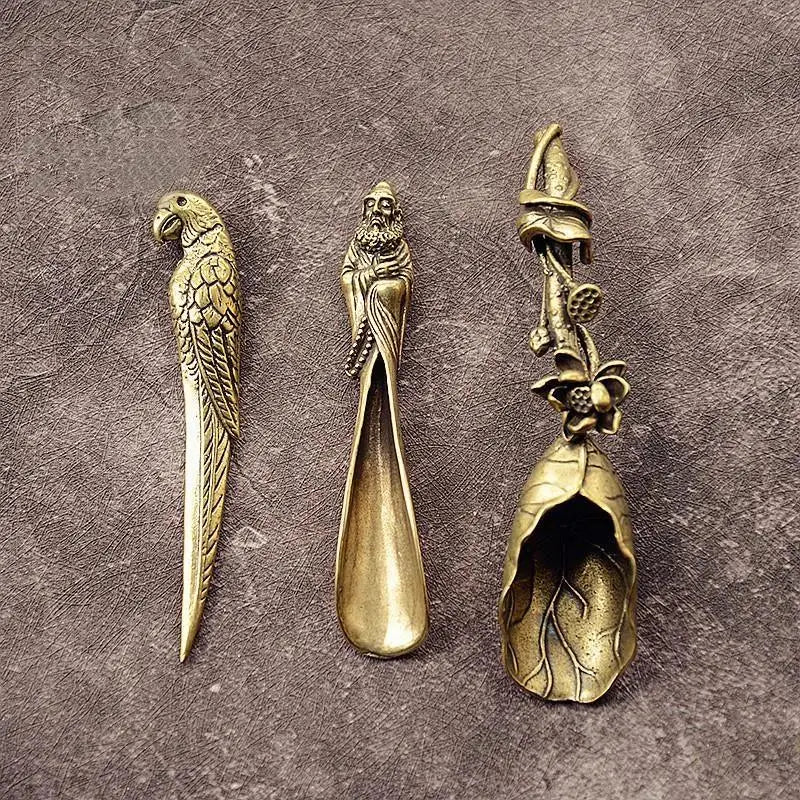 Brass Tea Scoop Shovel – Vintage Lotus & Bamboo Pattern Tea Scoop Utensil Nixie