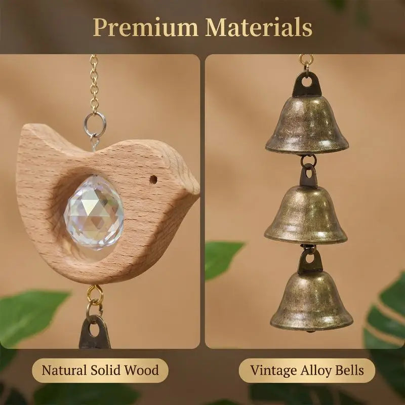 Wooden Fish & Bird Wind Chime – Crystal & Brass Bell Décor Decorative Wind Chime Nixie