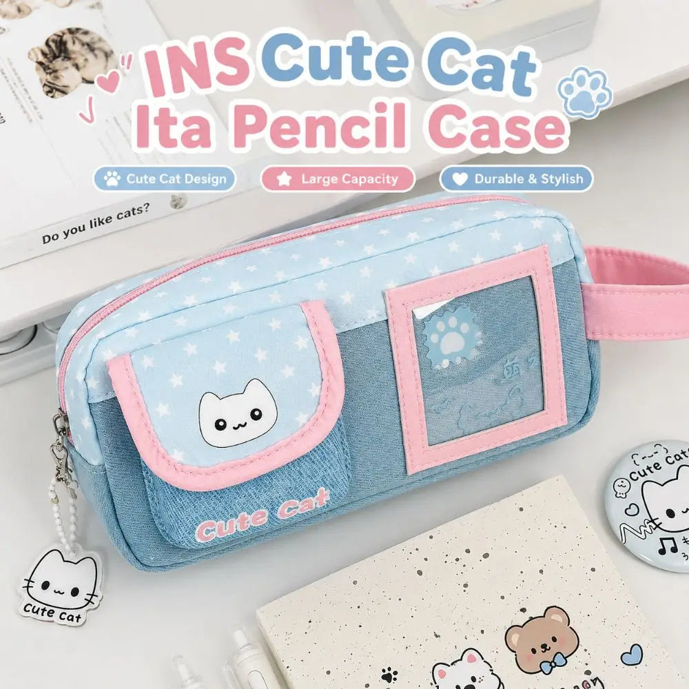 Denim Patchwork Pencil Case | Cat Print Large Capacity Pen Bag