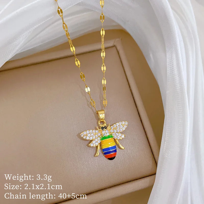Gold Bee Pendant Choker Necklace – Stainless Steel & Zircon Pendant Choker Necklace Nixie XL2606-915