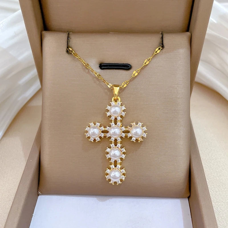 Women's Gold Cross Pendant Necklace – Zircon & Stainless Steel Pendant Necklace Nixie