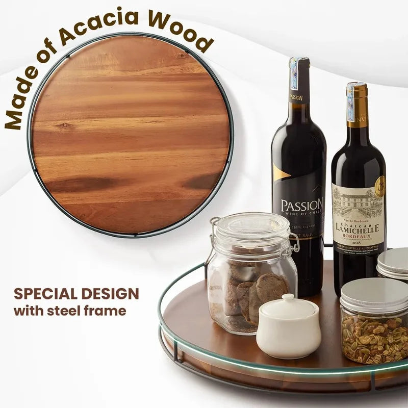 Acacia Wood Lazy Susan Turntable with Metal Frame | Kitchen Organizer Lazy Susan Organizer Nixie