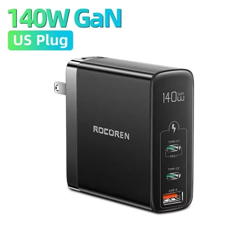 Rocoren 140W GaN USB-C Charger PD 3.1 QC 4.0 | MacBook & iPhone GaN USB-C Charger Nixie US Plug