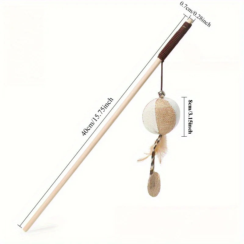 Wooden Cat Teaser Wand Toy – Feather Bell & Mouse Lure