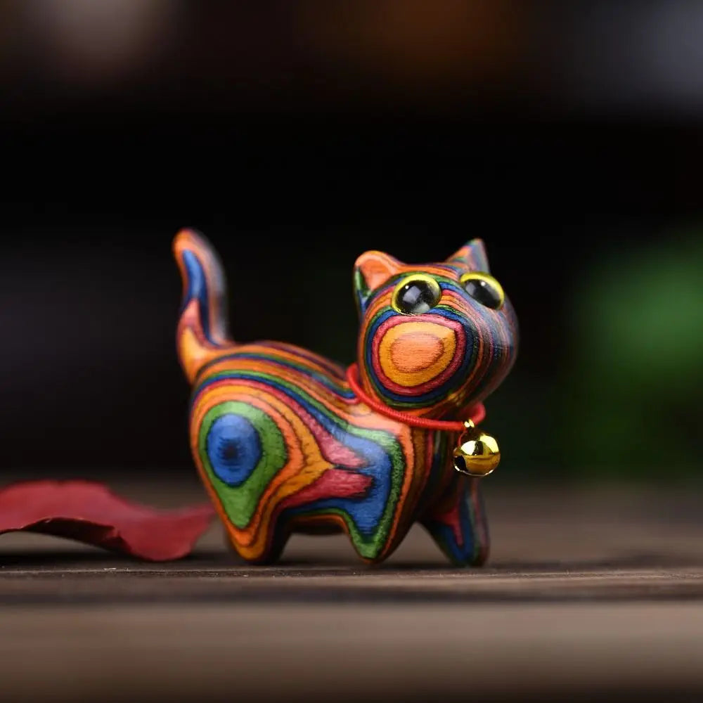 Rainbow Wooden Cat Ornament – Colorful Carved Desk Sculpture