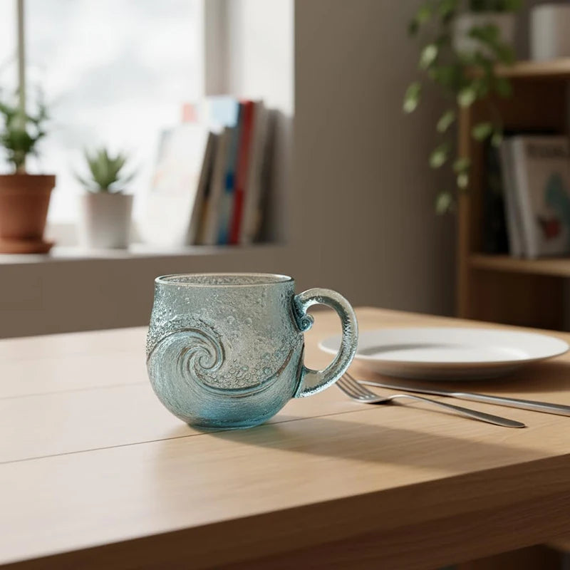 Sea Glass Wave Mug 12 oz – Handblown Ocean Wave Glass Cup Glass Mug Nixie