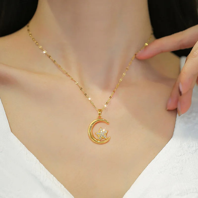 Star Moon Pendant Necklace | Gold Stainless Steel Choker Pendant Necklace Nixie
