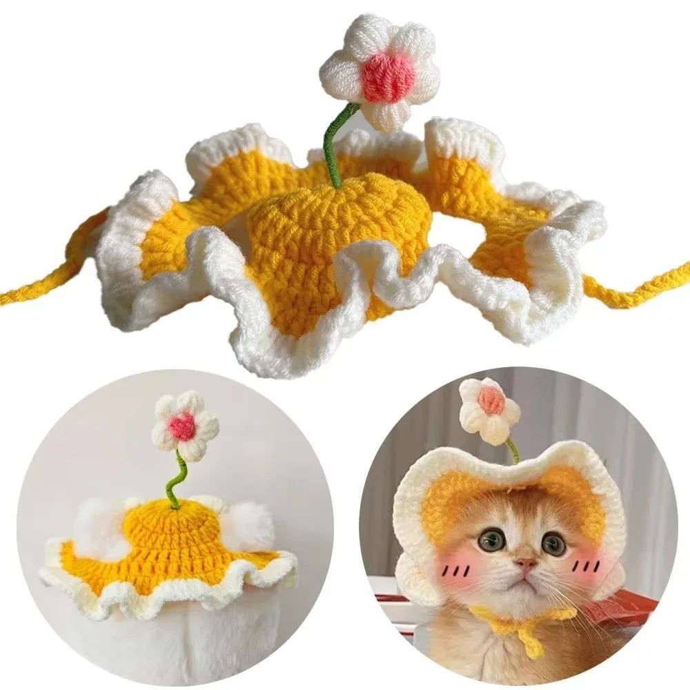 Handmade Crochet Cat Hat – Knitted Flower Pet Hat, S & M