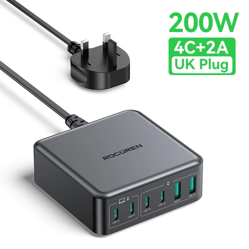 Rocoren 200W GaN Charging Station 6-Port USB-C Desk Charger GaN Charging Station Nixie UK Plug