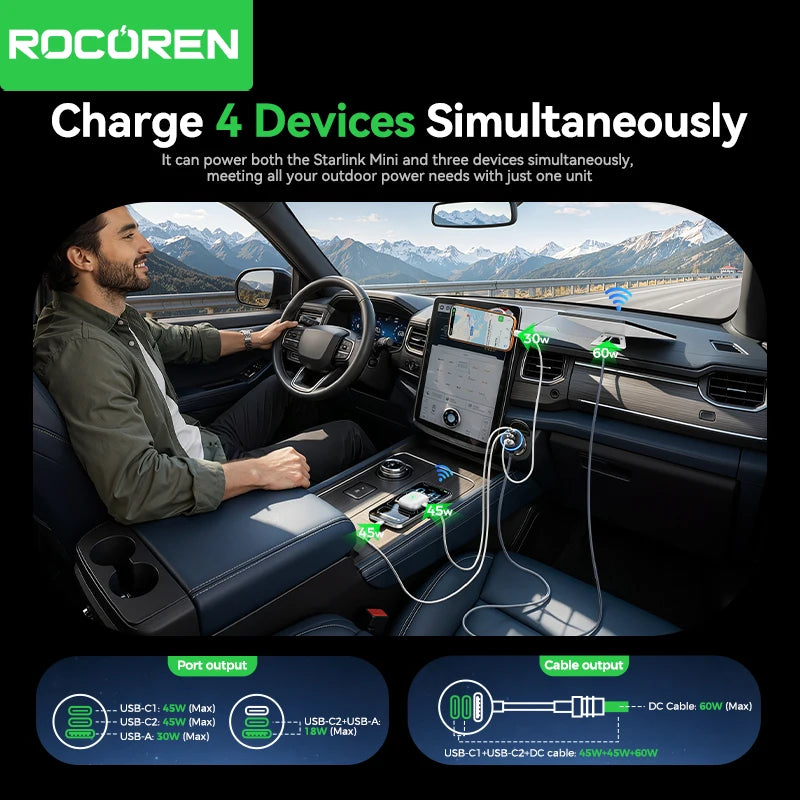 Rocoren 60W 3-Port USB-C Car Charger | PD & QC 4.0 Fast Charge USB-C Car Charger Nixie