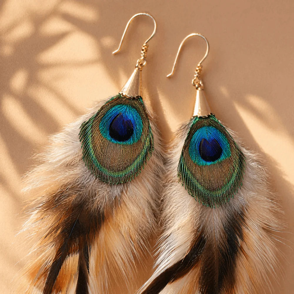 Boho Long Feather Tassel Dangle Earrings – Peacock Style