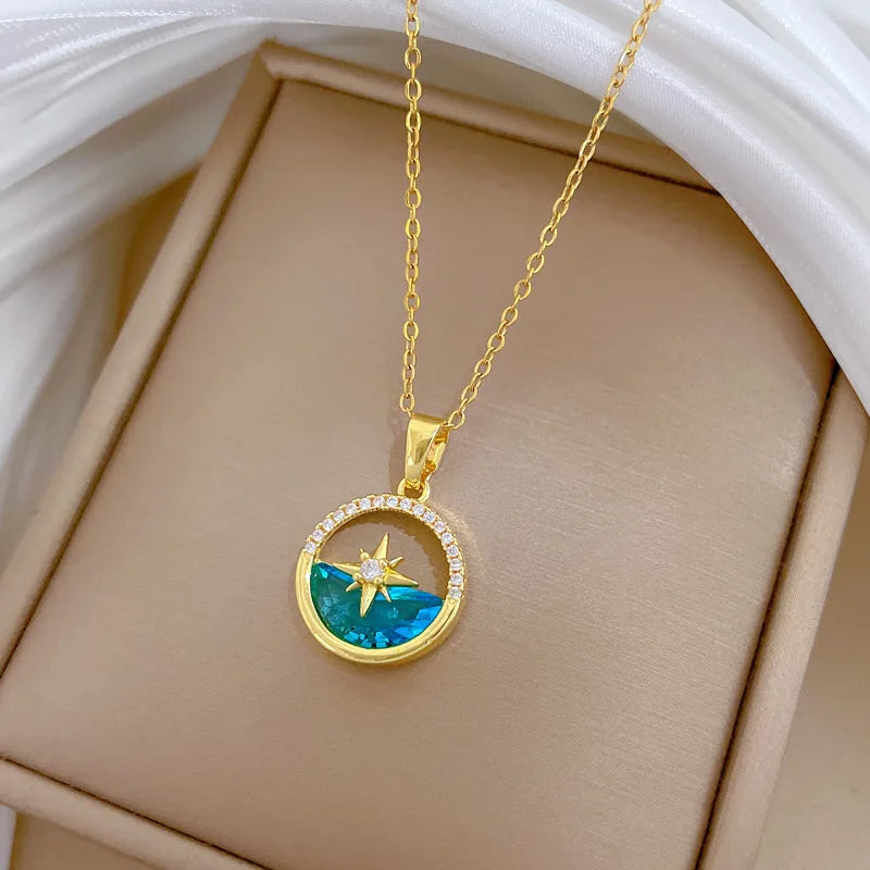 Women's Gold Starburst Pendant Clavicle Necklace – Stainless Steel