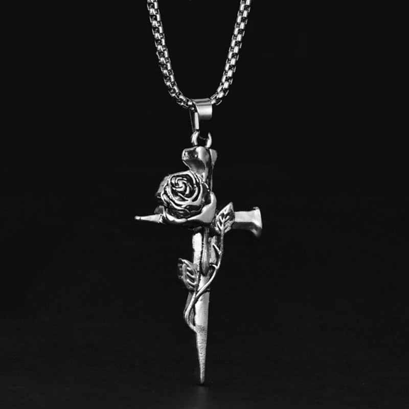 Retro Rose Cross Long Necklace Hip Hop Unisex Pendant Fashion Necklace Nixie