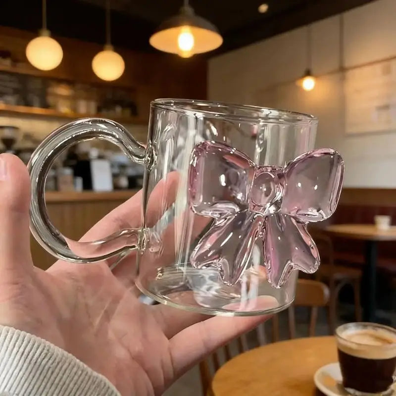 Pink Bow Glass Cup 400ml – Heat-Resistant Borosilicate