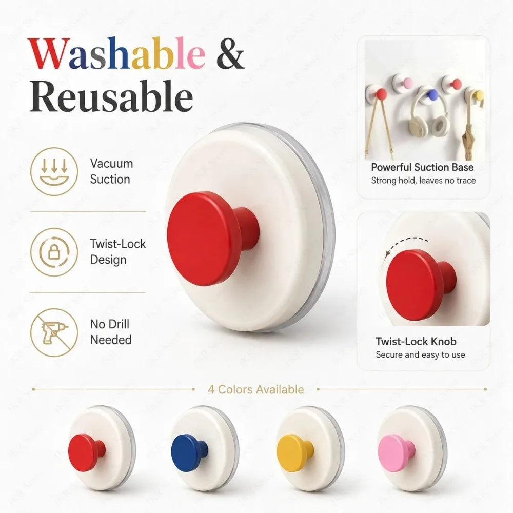 No-Drill Suction Cup Hooks | Colorful Wall Hangers 4-Pack