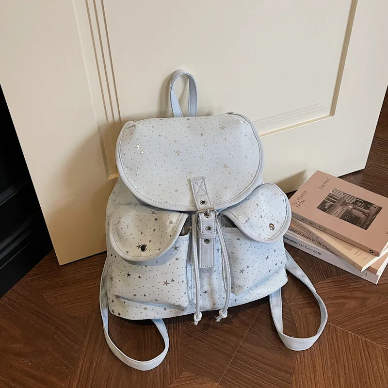 Star-Pattern Canvas Backpack – Women's Fashion College Bag Canvas Backpack Nixie Blue