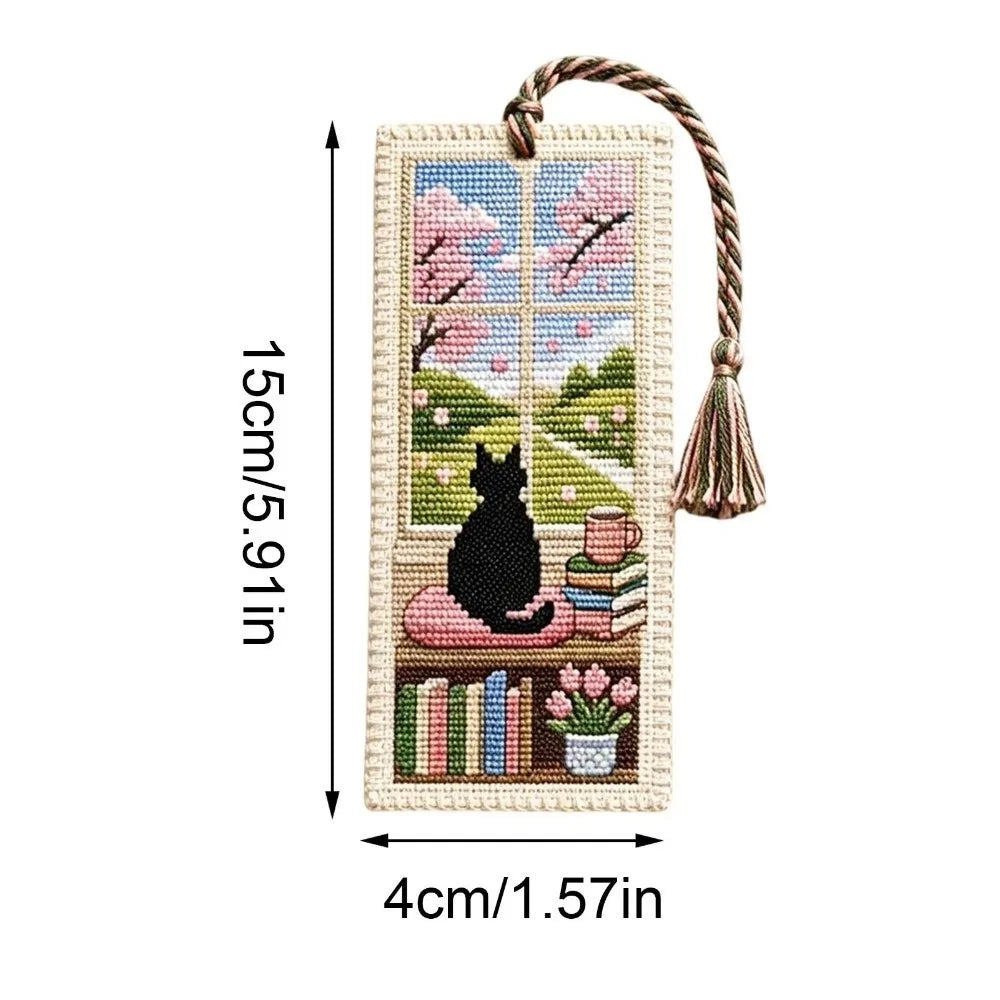 Seasonal Cat Cross Stitch Bookmark DIY Kit with Braided Tassel Cross Stitch Craft Kit Nixie
