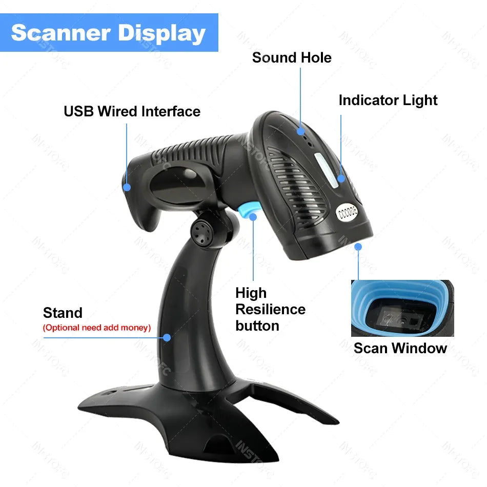 1D/2D Bluetooth USB Wireless Barcode Scanner – CMOS QR Reader