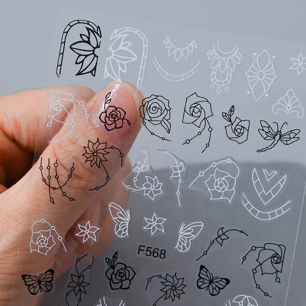 6Pcs 3D Lace Flower Nail Art Stickers – Black White Floral Decals Nail Art Stickers Nixie