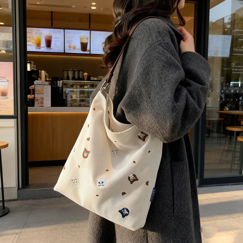 Women's Embroidered Canvas Tote Bag | Korean Minimalist Style Canvas Shoulder Tote Nixie