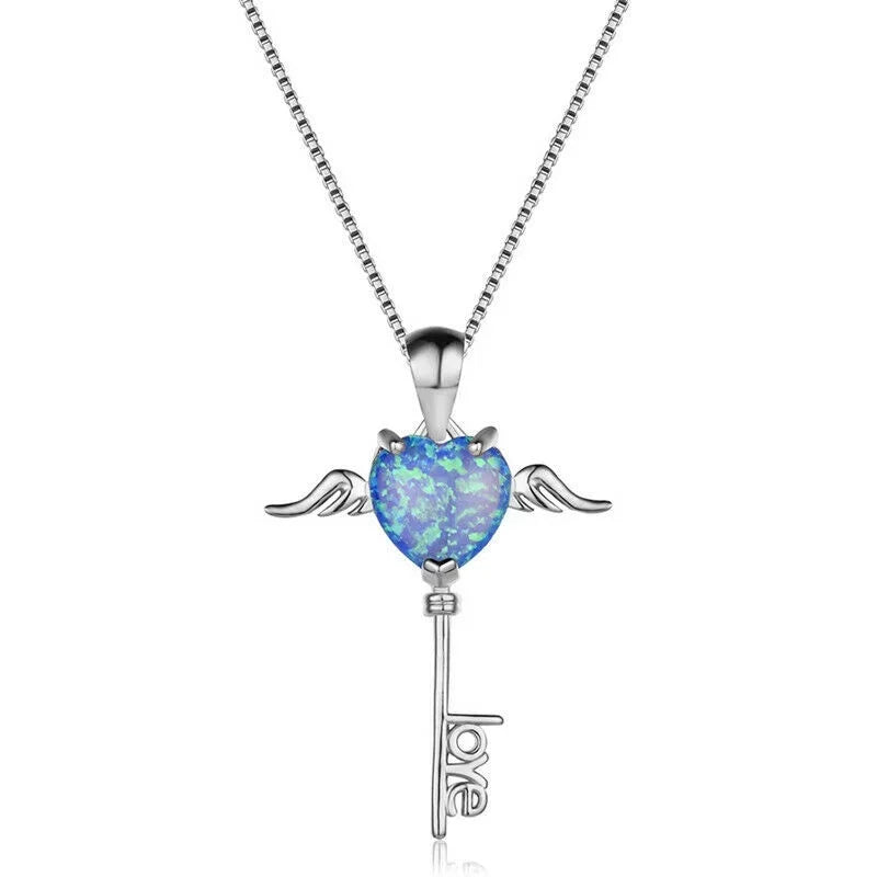 Silver Key Heart Simulated Opal Pendant Necklace for Women Pendant Necklace Nixie