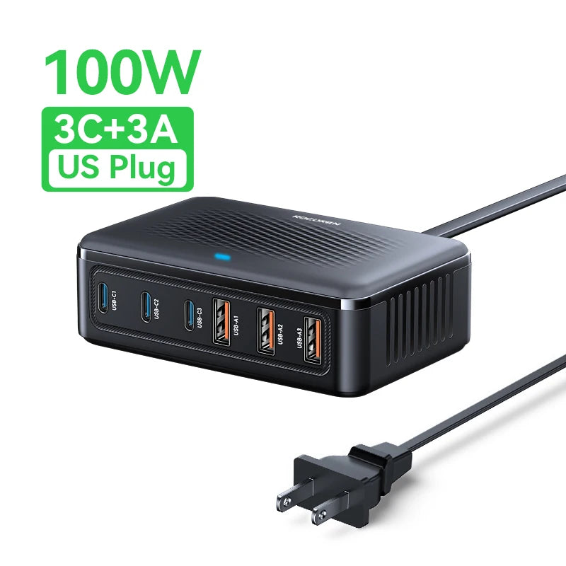 Rocoren 100W GaN Charger 6-Port Desktop Fast Charging Station GaN Desktop Charger Nixie 100W US Plug
