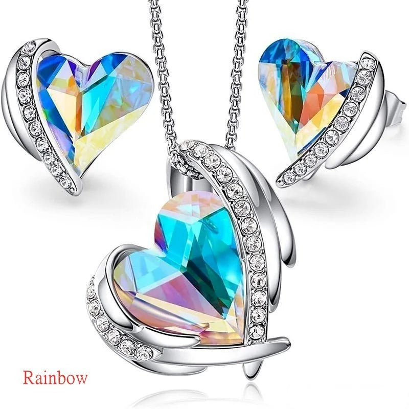 Silver Heart Crystal Necklace & Earrings Set for Women Jewelry Set Nixie Rainbow