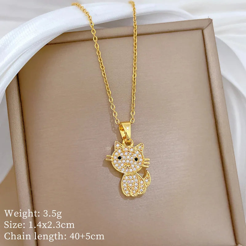 Cat Pendant Necklace Women – Gold Stainless Steel & Zircon Pendant Necklace Nixie XL2607-025