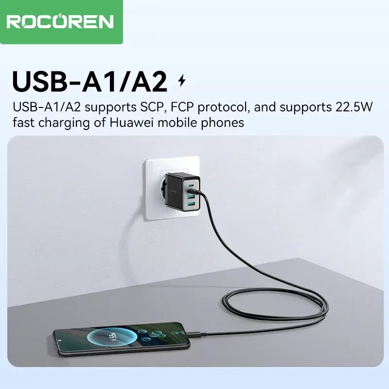 Rocoren GaN 45W 4-Port Fast Charger USB-C USB-A iPhone Samsung Multi-Port Wall Charger Nixie