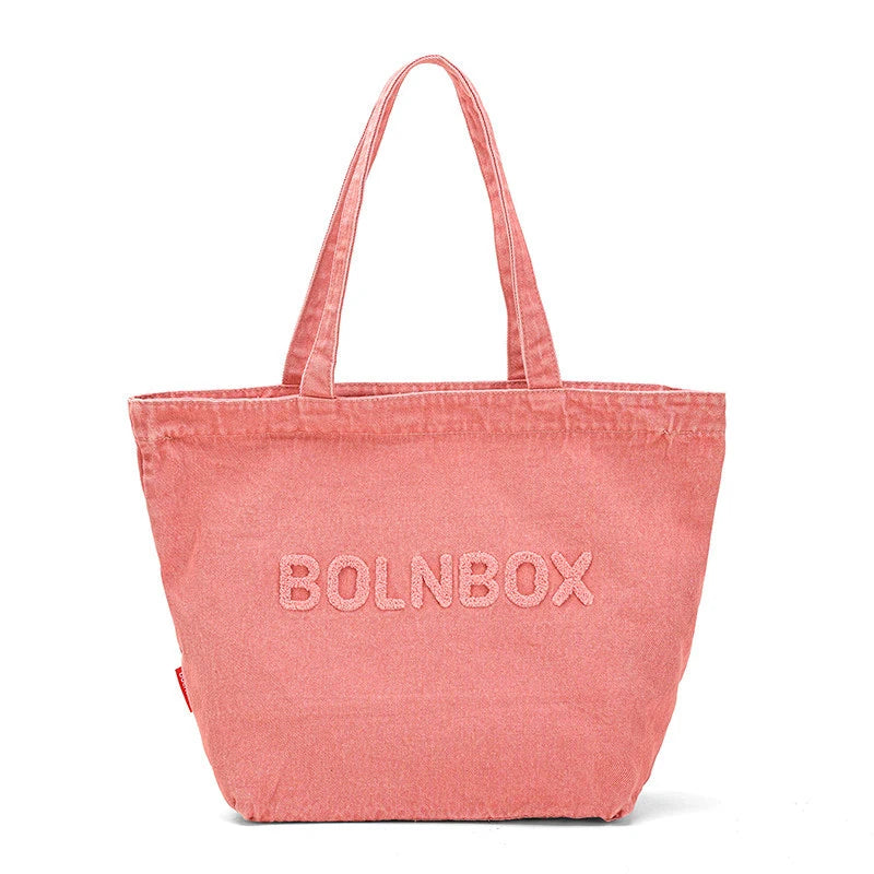 Korean Retro Embroidered Washed Denim Shoulder Bag | Large Tote