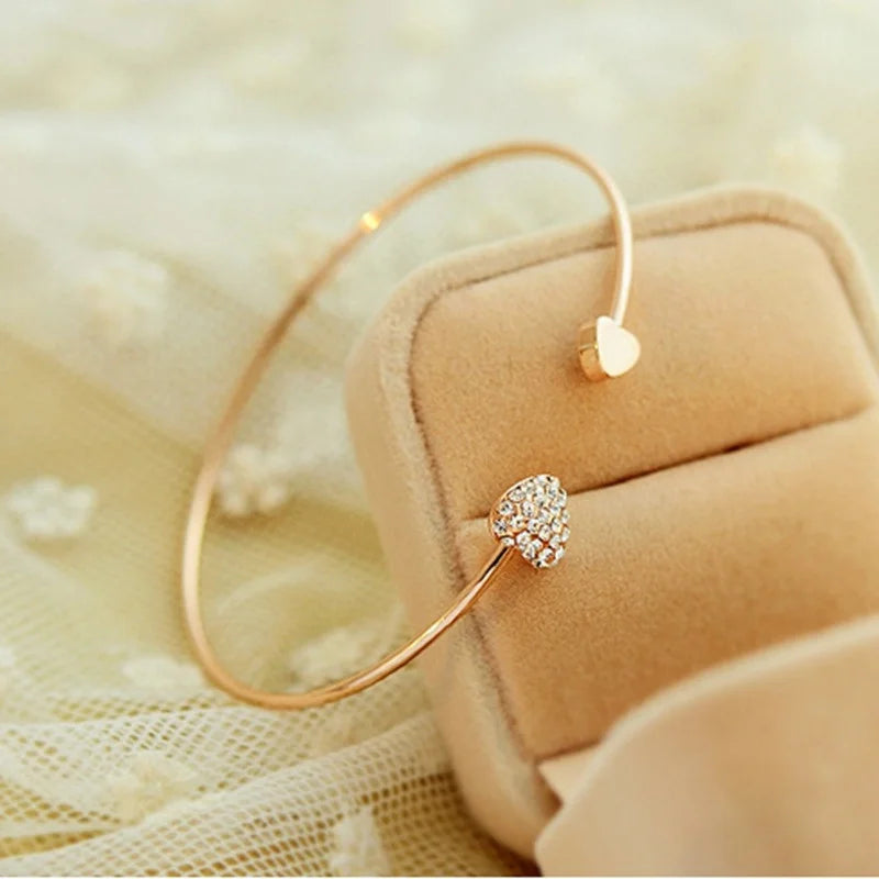 Crystal Double Heart Bow Cuff Bracelet – Adjustable Silver Cuff Bracelet Nixie Gold-color